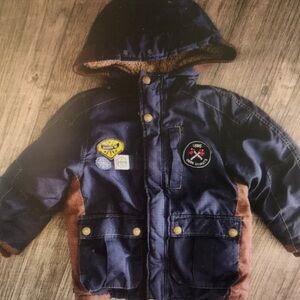 Kids Navy and Brown Hooded Puffer Jacket